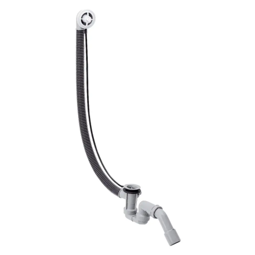 Flexibles Abfluss- und Überlaufrohr von Hansgrohe mit geschlungenem Schlauch und seitlichem Abzweig für die Installation in speziellen Wannen.